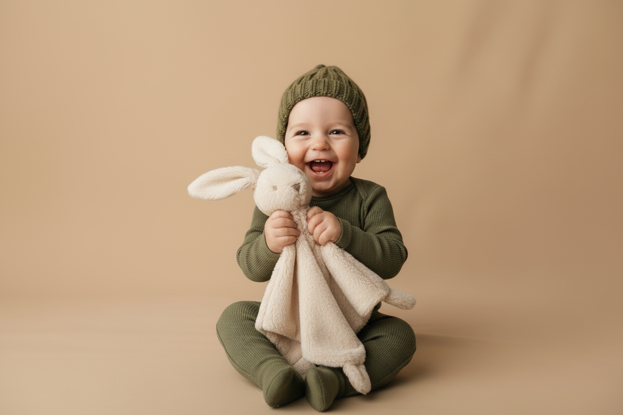 bébé garçon habillé en vert olive qui rigole sur un fond beige avec un bonnet