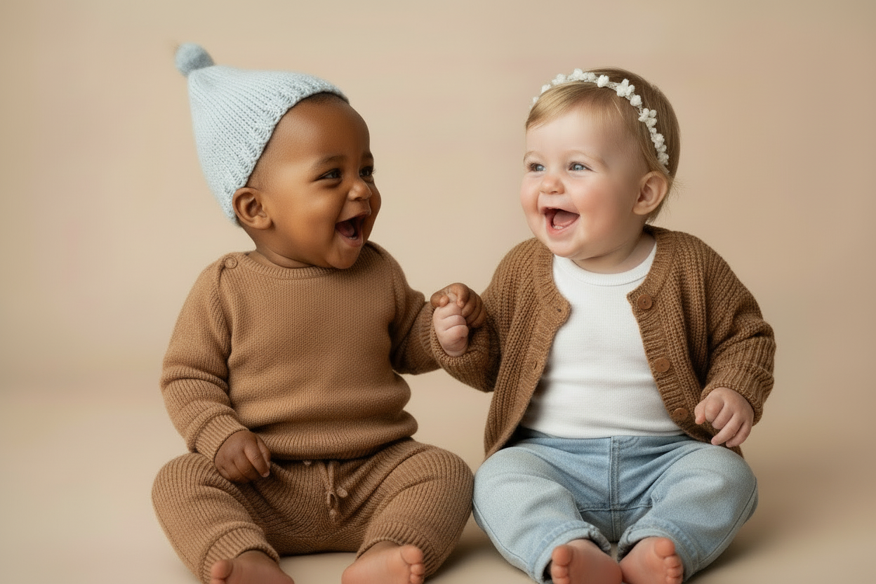 deux bébés un garcon et une fille habillés qui rigolent en regardant la caméra sur un fond clair dans les tons beiges. Ils ont chacun un petit accessoire dans les cheveux ou un doudou dans les mains
