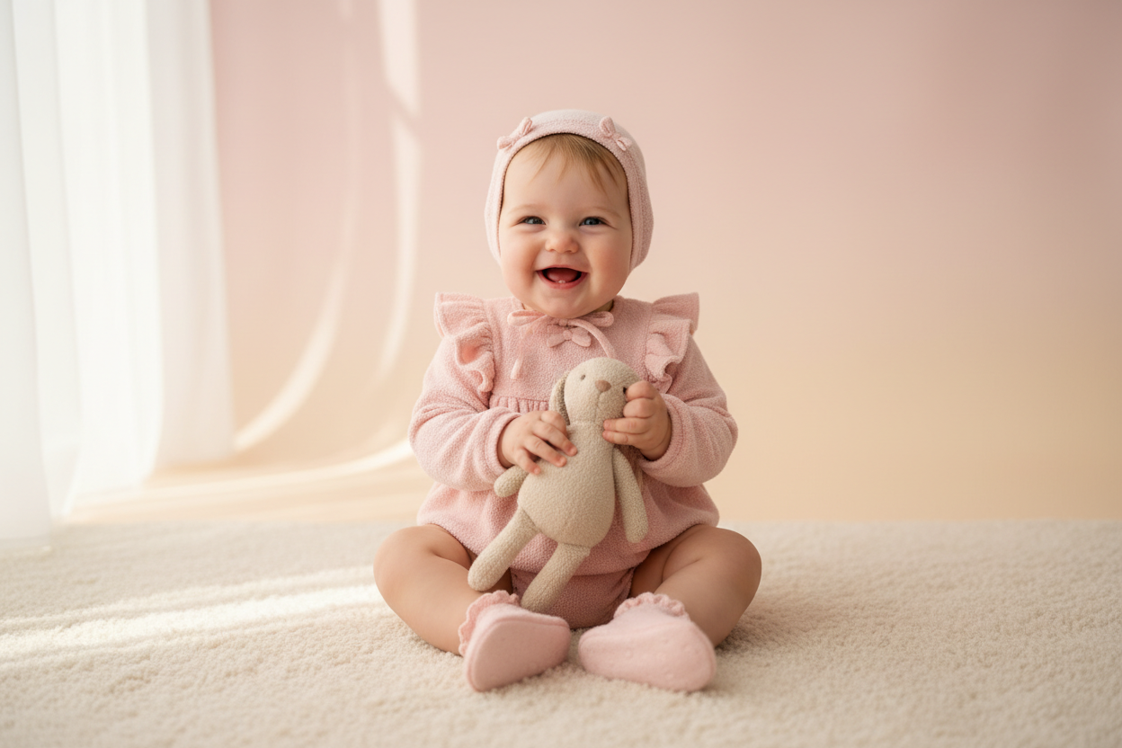 Génères une image pour un site de vente en ligne de seconde main pour bébé. J'ai besoin d'une image pour renvoyer sur la page collection ou on retrouve tous les ensembles pour fille. Il faut un bébé fille habillée, pastel, rose poudrée. Carrée. en .JPG.